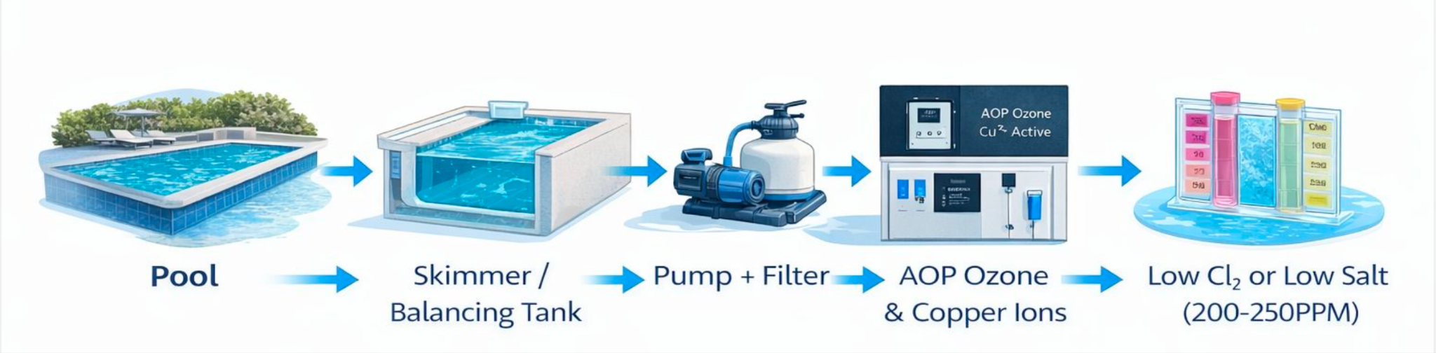 Pool filtration system diagram — Pool → Skimmer → Pump + Filter → AOP Ozone & Copper Ions → Low Chlorine